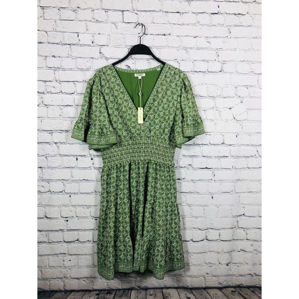 Max Studio Dress Womens L NWT Green Geometric Smocked Waist Ruffle Hem 4910Y52